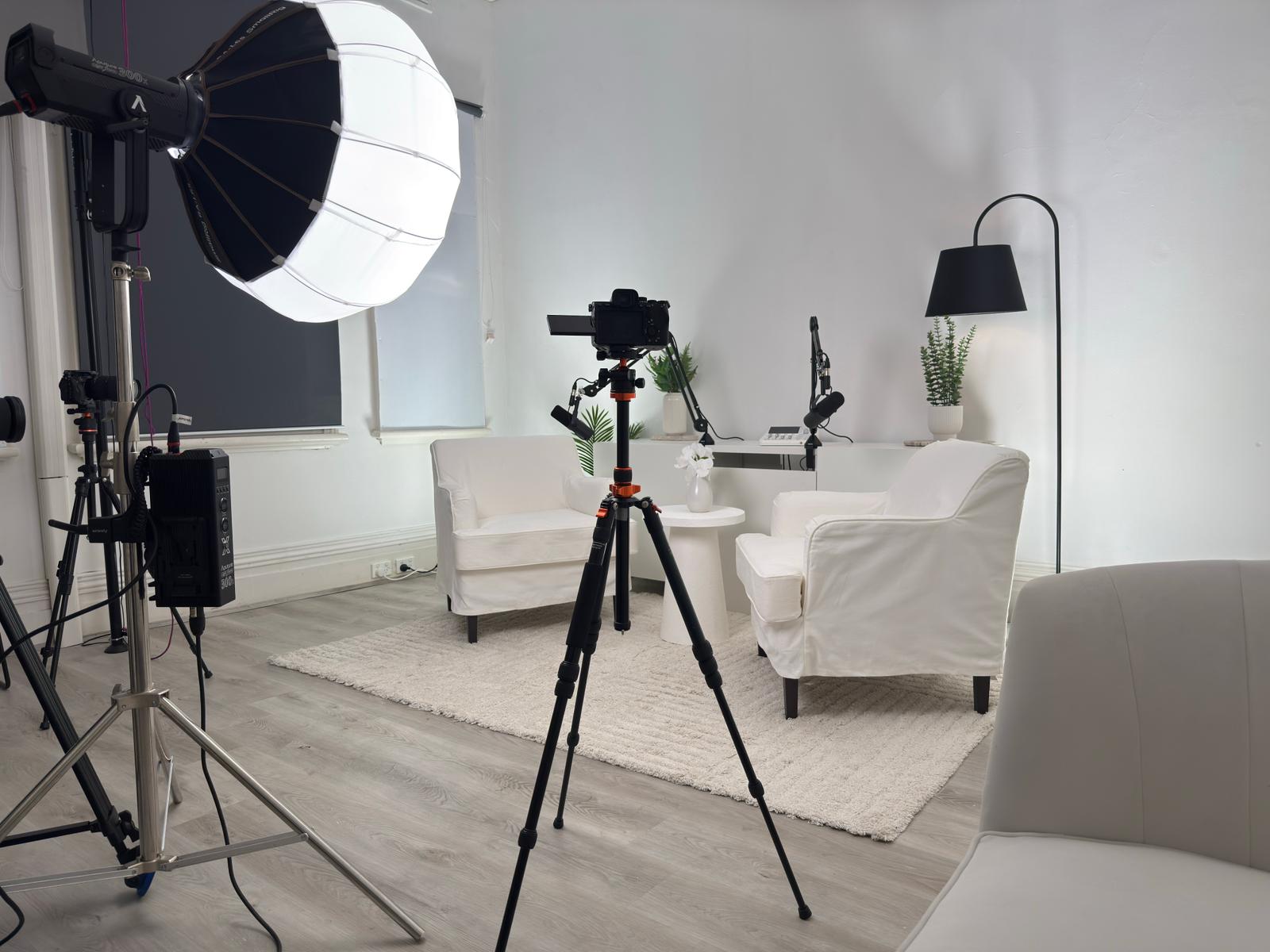 Host and guest recording a branded video podcast