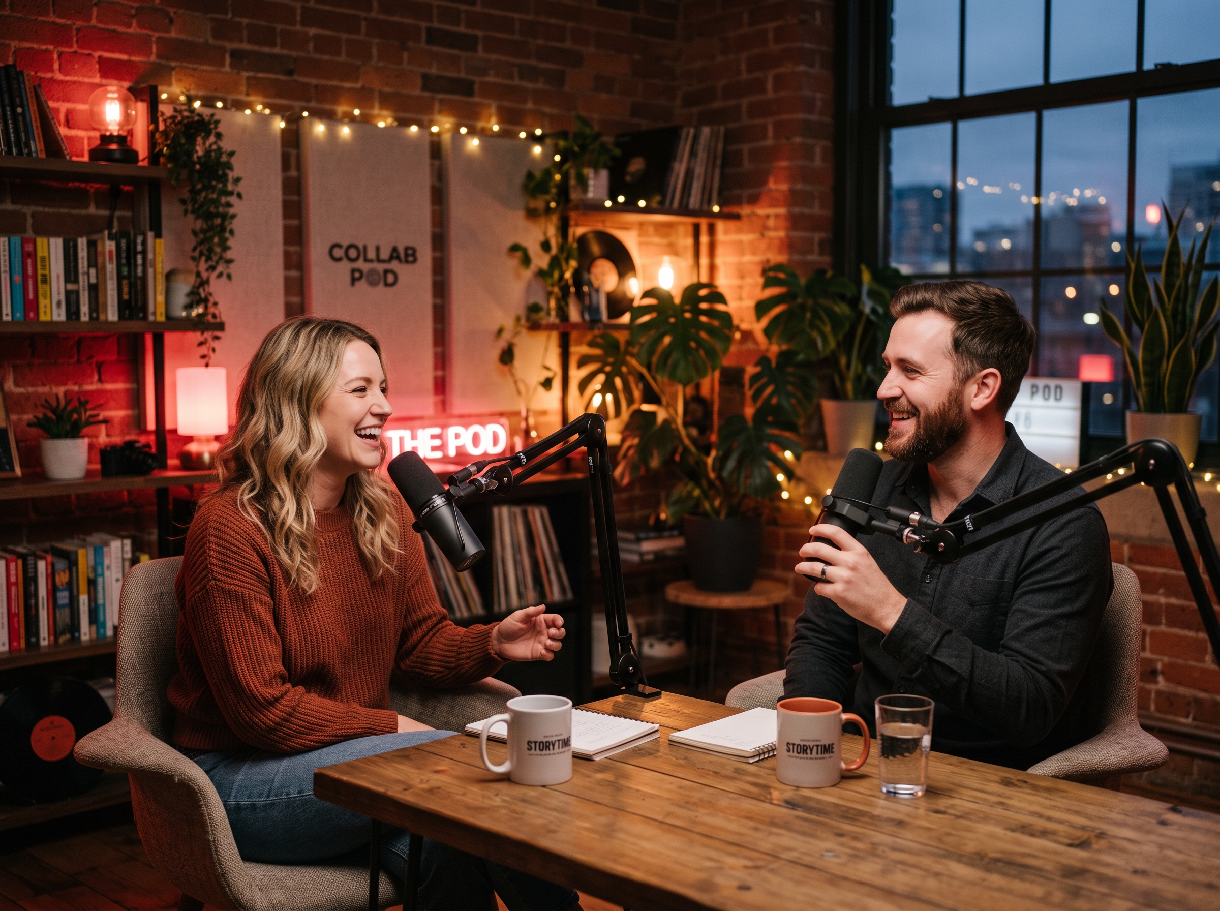 Creators recording a podcast on location with guests